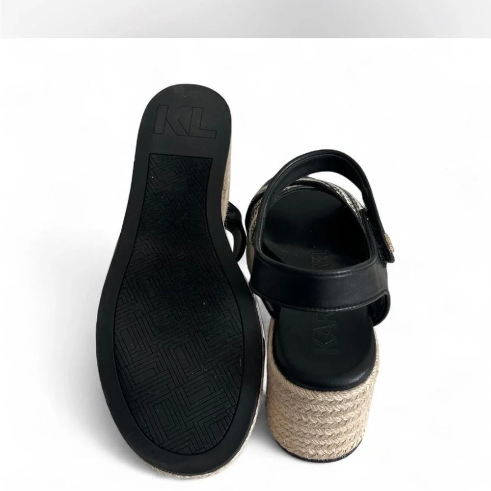 Karl Lagerfeld Paris Espadrille Platform Wedge Sandals Black Cream Sz 10